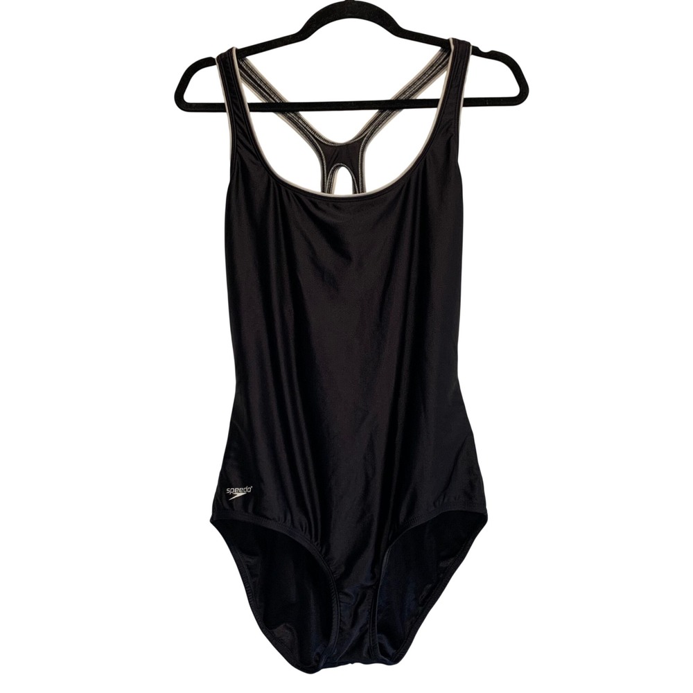 Speedo One Piece Swimsuit Size 16 Black Racerback Athletic Training Swimwear